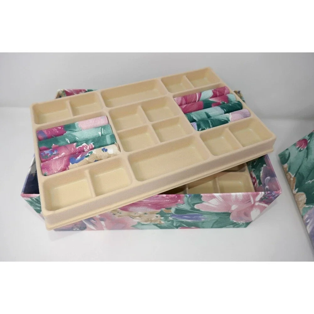 Mele Vintage 90s Fabric Floral Watercolor Jewelry Storage Chest 3 Lift Out Trays